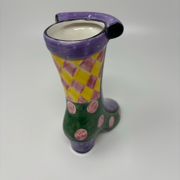 Milson & Louis Hand Painted Boot Shoe Vase Green Purple Pink Floral Geometric - Picture 2 of 5